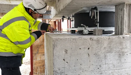 Operaio regola supporto antisismico in cantiere